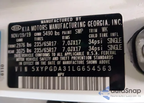 2020 Kia Sorento 2.4L Lx from USA, damaged, VIN 5XYPGDA31LG654563